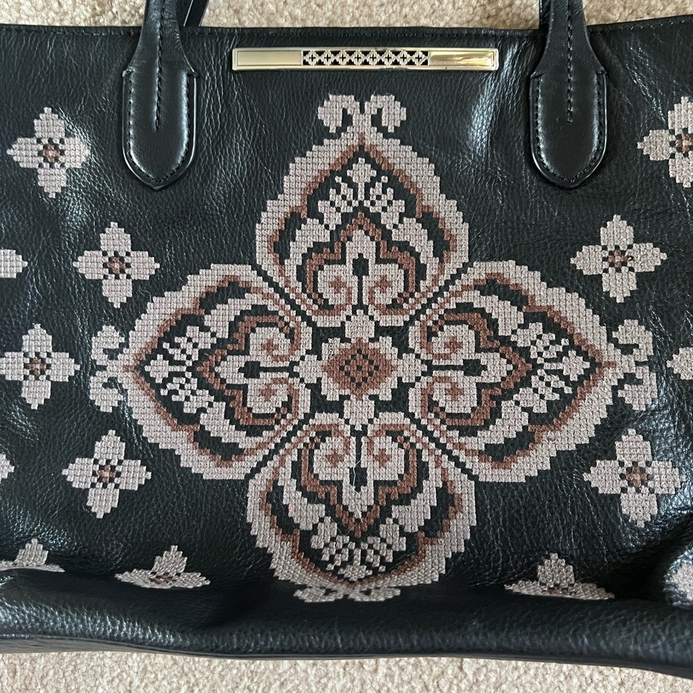 EUC Brighton handbag black leather shoulder bag with crosstitch design